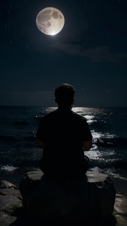 Siluet, midnight, pitch black, a fat boy sitting on rock look at the big shiny fullmoon, many stars on sky, blue Ocean, from behind, from far
