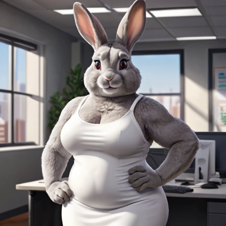 A gray chubby rabbit, wearing a white tube dress, office background, highest detail, anthro, furry art, high realistic shadows, 4k, high realistic lighting