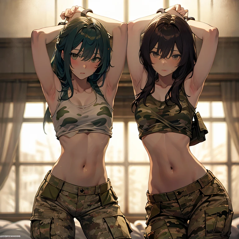 A group of  female soldiers, (in tent), various hair styles, tank top, harem, beautiful leg, midriff, camouflage military trousers, showings off armpits, seducing, bdsm, dirty