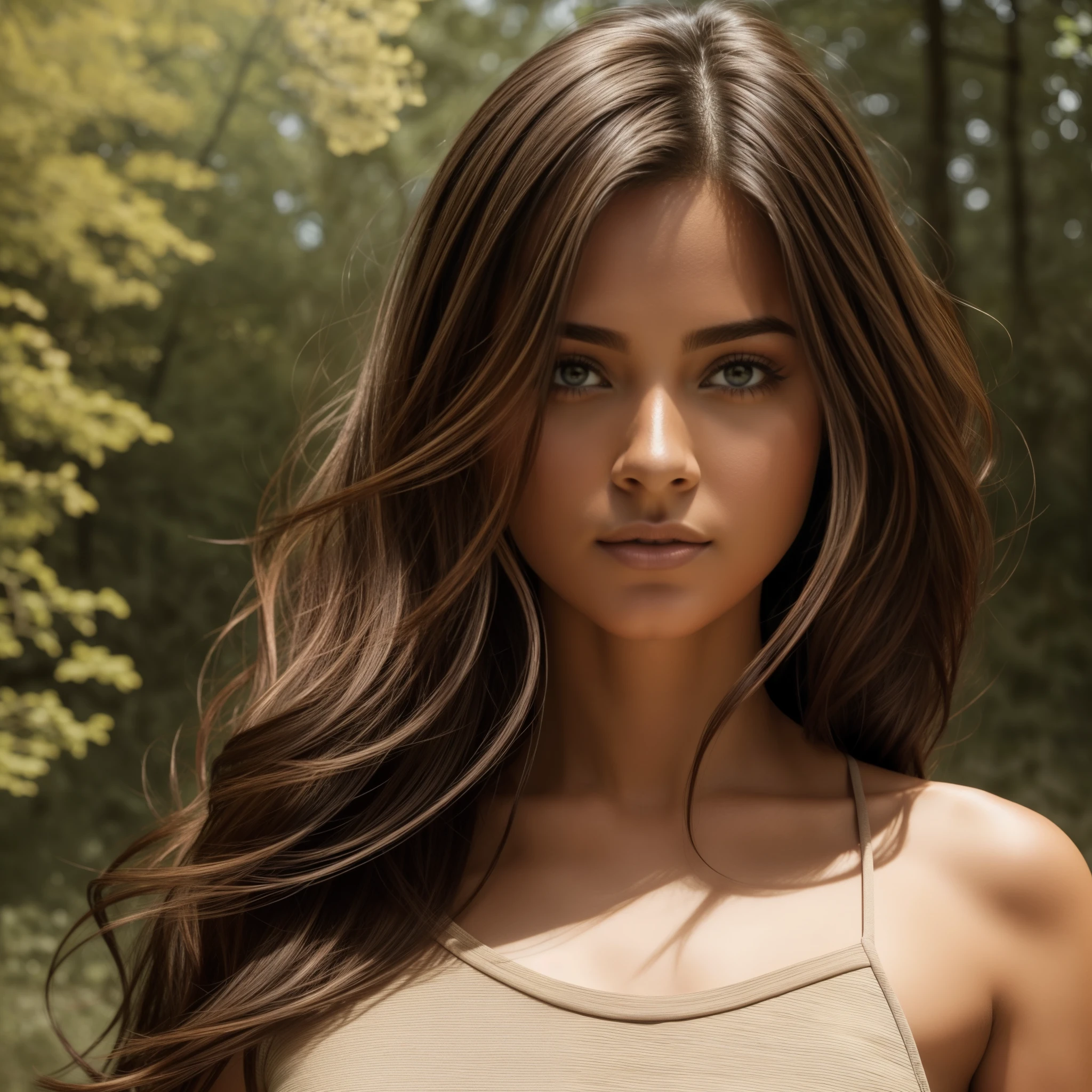 Natural photography of a beautiful girl, topless, leaning over, medium flowing hair, big natural bust, locks eyes into the camera, symmetrical eyes, symmetrical face, photorealistic, photorealistic skin with pores, photography, path tracing, specular lighting, volumetric face light, path traced hair, visible shadows, intricate, elaborate
