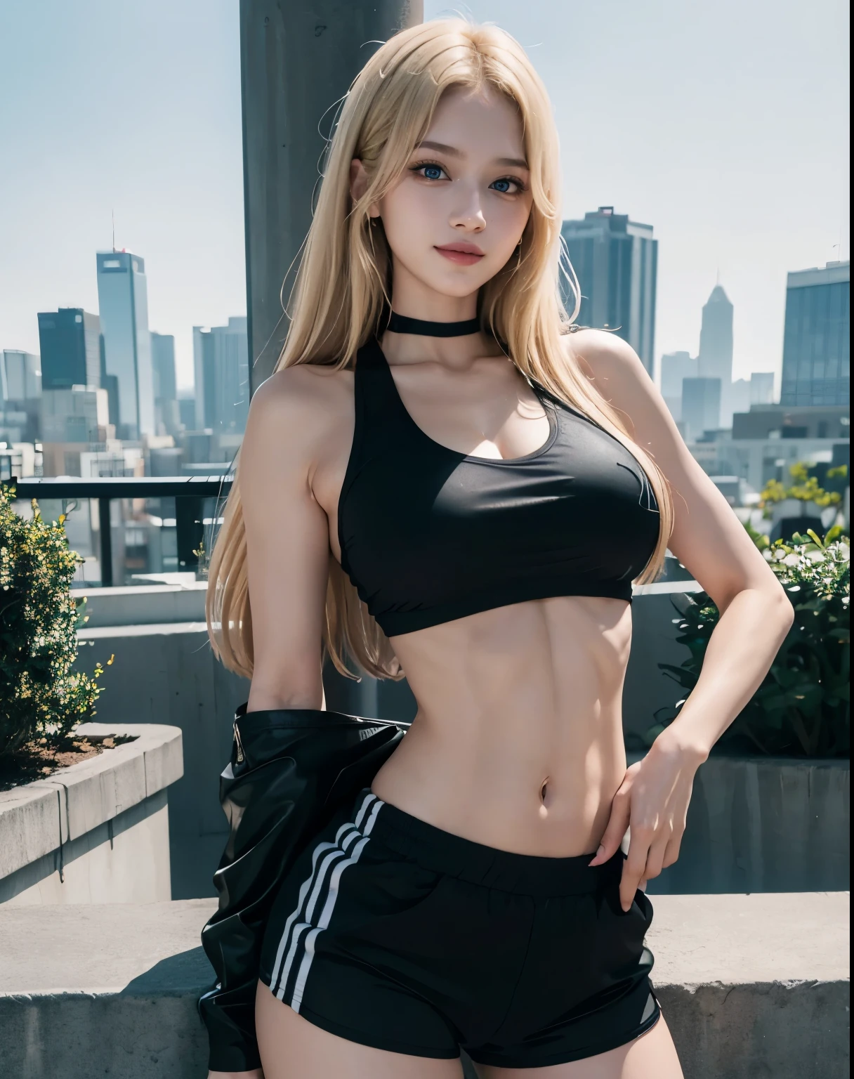 1girl, (Blue Eyes), (smiling :1.2), (Sana Minatozaki), ((wide hips :1.1)), Big tits, big ass, ((thin waist)), (Best Quality, 8k, Masterpiece: 1.3), Clear Focus: 1.2, Perfect Body Beauty: 1.4, ((very defined and muscular body :1.2)), Highly detailed face and skin texture, detailed eyes, double eyelids, (blond long hair :1.2), (black sports shorts :1.2), (white tanktop), standing, dynamic pose, in a park, city in the background, deep on field