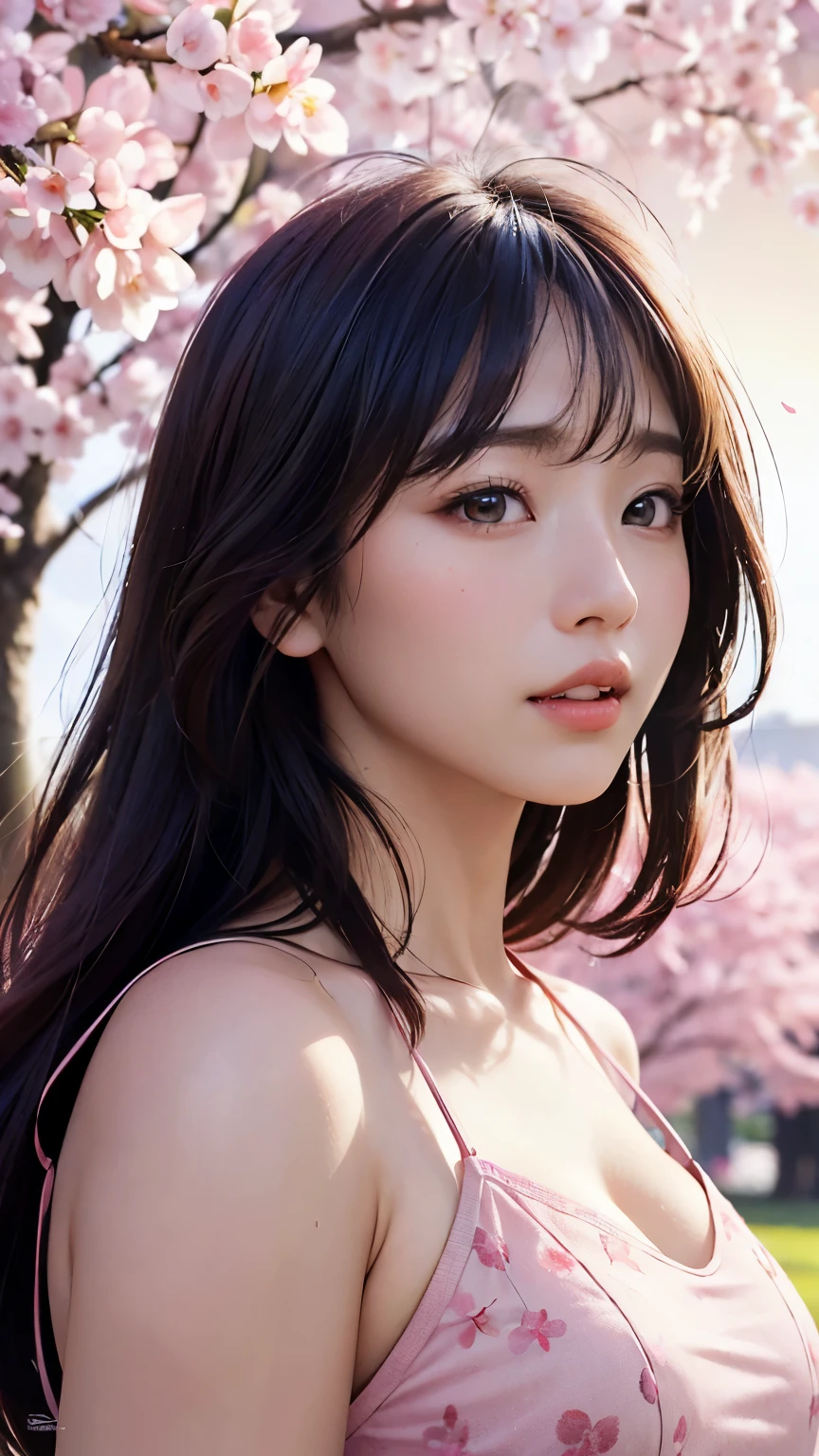 (A logo、masterpiece、8K、masutepiece、Raw photo、Fantastic、Best Quality、Photorealistic and ighly detailed CG integrated 8k wallpaper、hightquality、ighly detailed、epic poem、Particle effect、Dynamic effects、depth of fields、Cinematic Light、Lens Flare、Ray tracing)、Fantasia、 (Beauty 1 person、doress、Dress、Cherry blossom pattern、A dark-haired、Beautiful face、Real Face、beautiful details eyes beautiful skin)、my hair dances in the wind、Hair flutters in the wind、Hair jumps、Pink cherry blossom tree、Petals flutter、Sakura blizzard、Superb view、morning glow、Sun in the background、the wind、