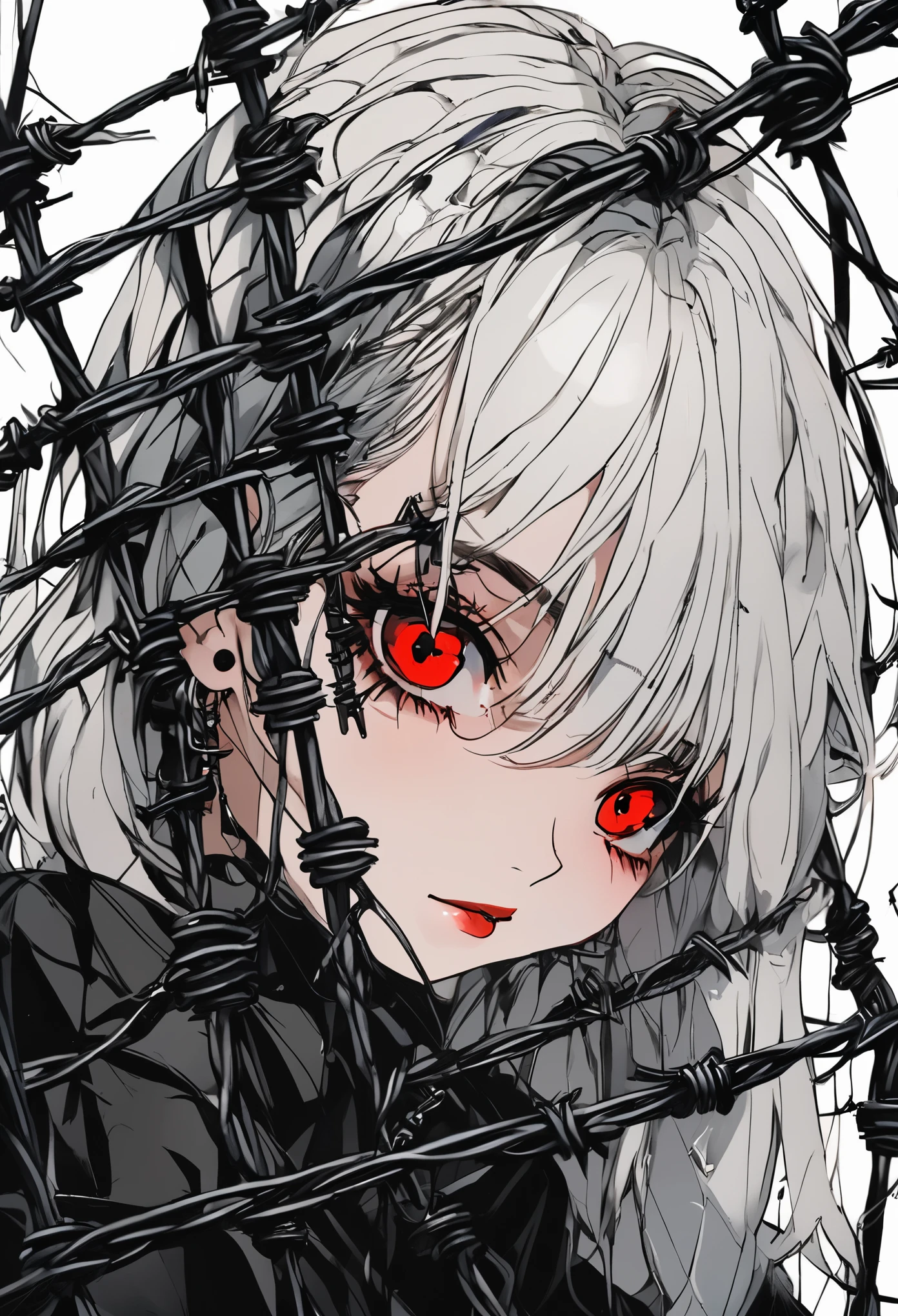 Beautiful young white-haired girl with piercing red eyes, half smile with full lips, black nails, barbed wires everywhere(coiled black barbed wires)