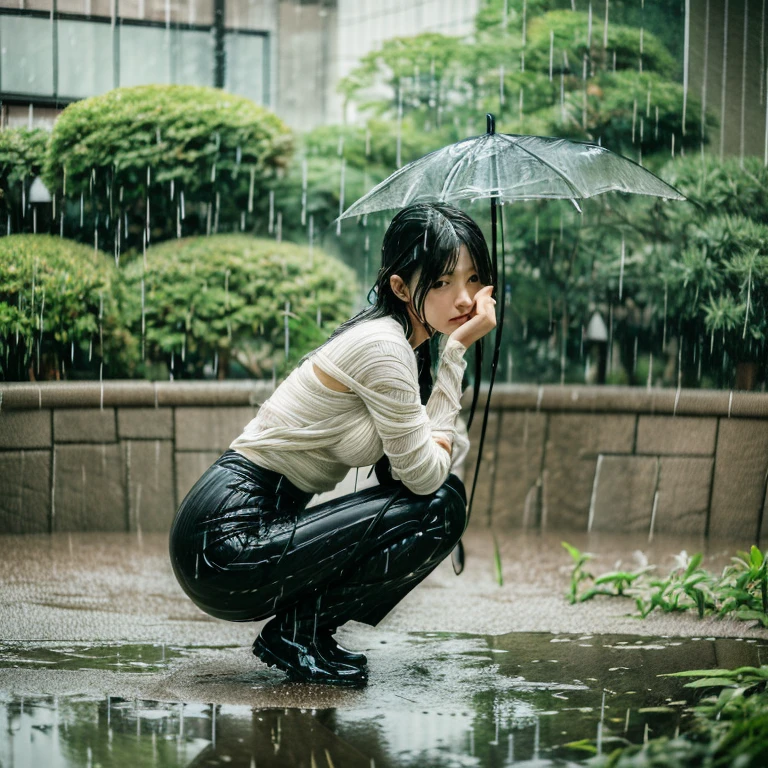 (draw only one woman:1.8), anatomically correct proportions, slender body, medium bust, 8K, RAW shooting, (portrait photography:1.5), best high quality, masterpiece, real photo, Japanese 18 year old beauty, black haired, (shibari:1.4)、turn your arms behind your back:1.4、bondage、縛られたrope、rope、squat, (Glaring angrily), blush, (Japanese garden in the rain:1.5), (outside the house:1.5), 大きな樹の下でsquat, (wet body), (wet hair)