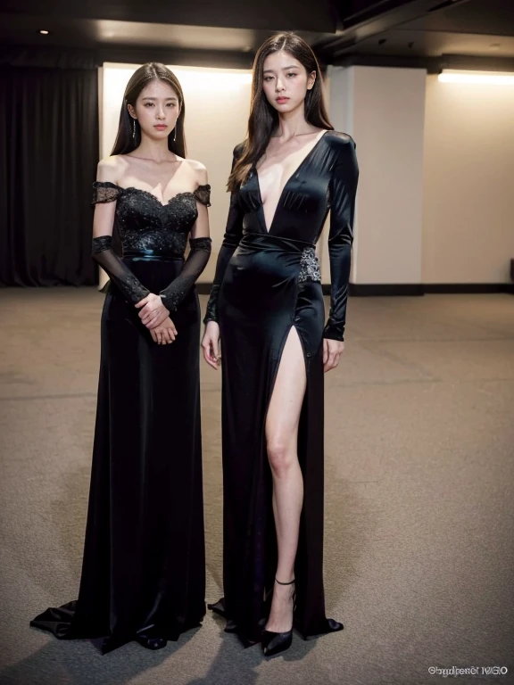 Victoria's Secret style,A mature woman standing on a huge model stage, Has black wavy hair, (Wear gorgeous evening dresses,Lace,Hollow,stripe,badge) ,Detailed Details,Full figure, Long legs,Exquisite facial features, Lifelike image quality, An Asian woman, Age about 40 years, Surrealism