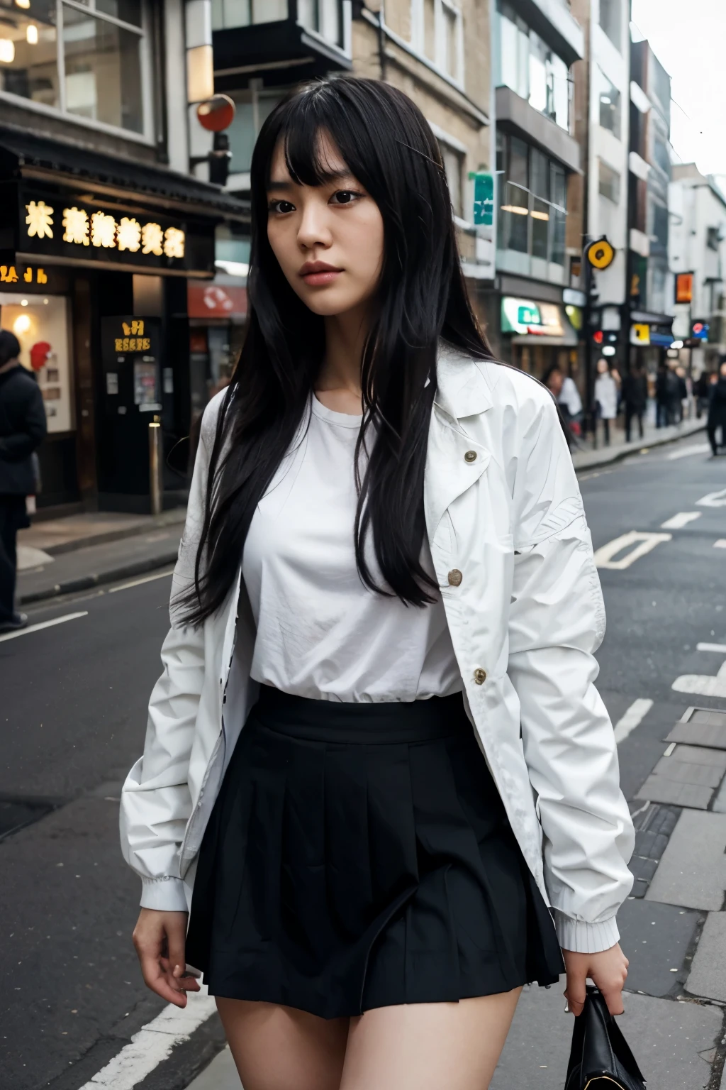 Japanese Girl,sexy,long black hair, fringe, shirt, skirt, white jacket, London