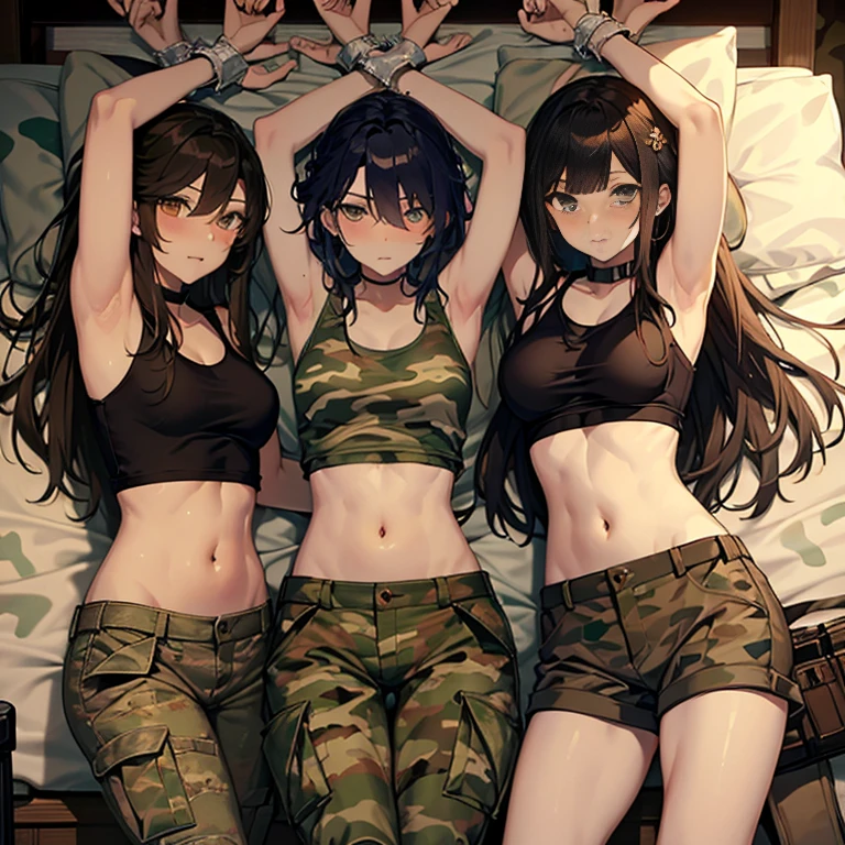 A group of female soldiers, (in bedroom), various hair styles, tank top, harem, beautiful leg, midriff, camouflage military trousers, showings off armpits, seducing, bdsm,