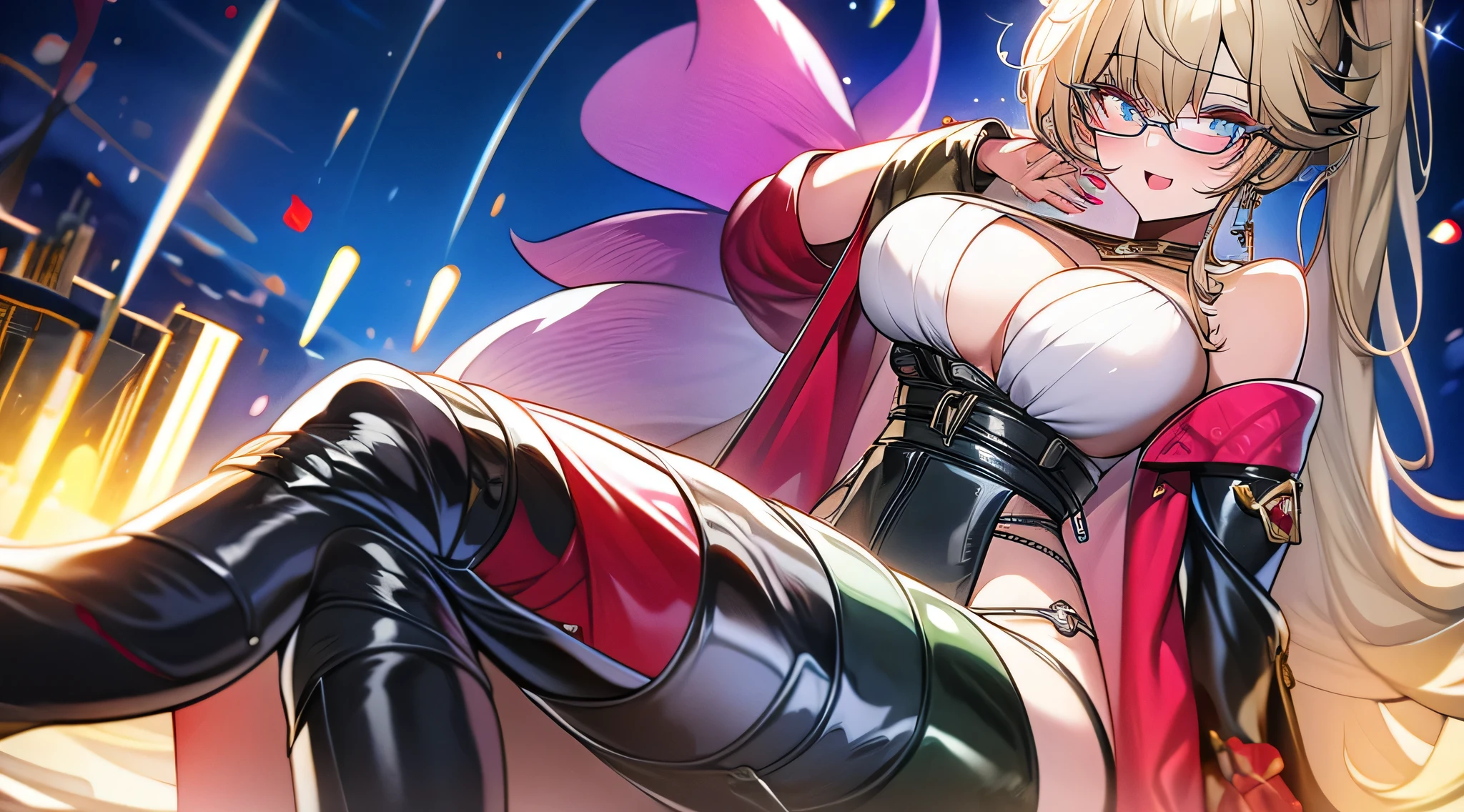 masterpiece、highest quality、1girl , solo , huge breasts、deep cleavage、light green hair、ponytail、fox ears、brightly colored eyes、blue eyes、black glasses、green kimono、light purple long hakama、brown leather jacket、leather boots、flashy necklace、charm、Wet、face turns red, very sweaty, dynamic pose、standing、City of night