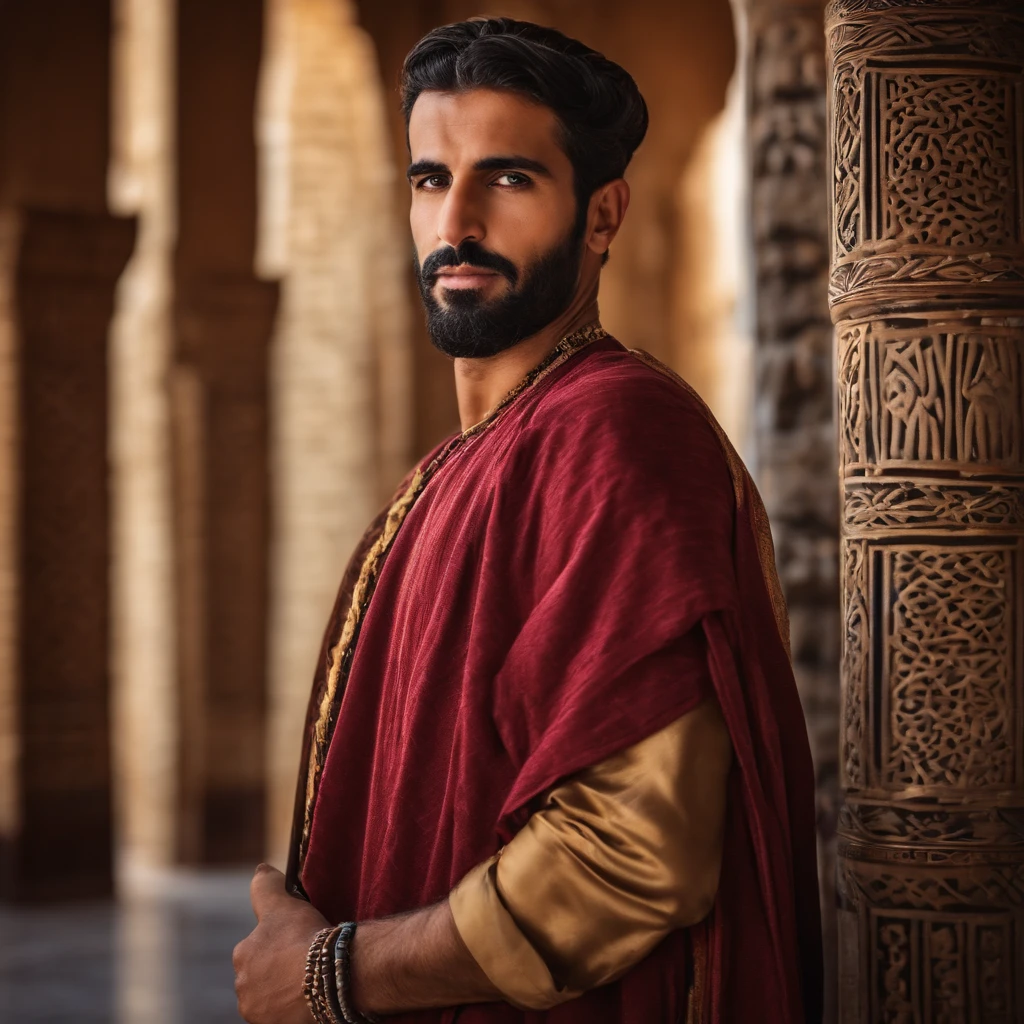 Arab man, 35 anos, ajoelhado de frente pra foto, olhando fixamente pra frente, olhar misterioso, Arabic characteristic clothing.