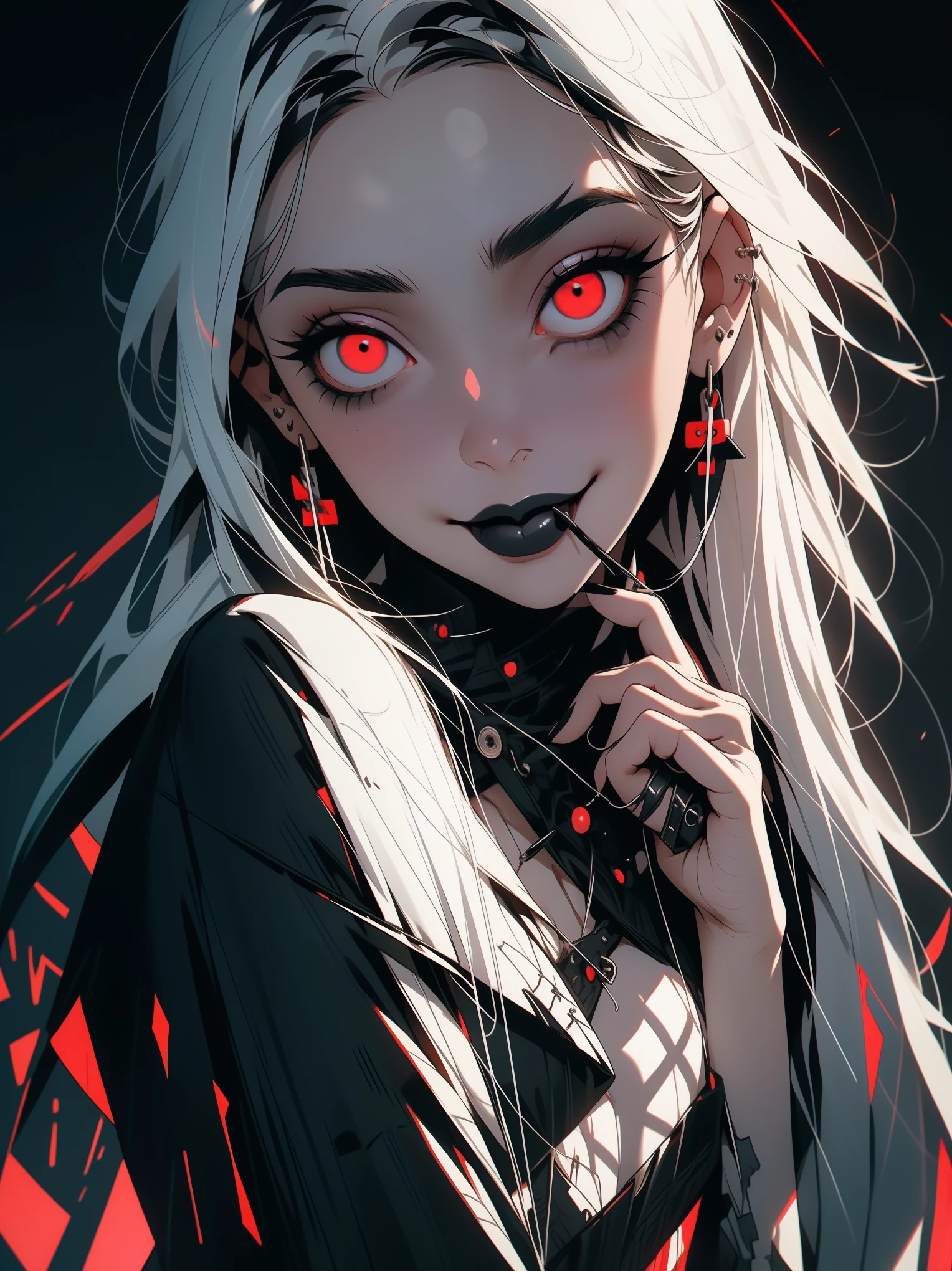 Beautiful young white-haired girl with piercing red eyes, half smile with full lips, black nails, barbed wires everywhere(coiled black barbed wires)