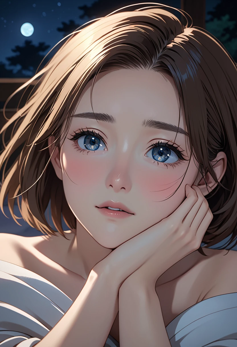 masterpiece, High resolution, illustration, kyoto animation style, Maude Adams is cinematic style, night, midnight, Light, (1 female: 1.3), (alone: 1.4), long eyelashes, short bob, nose blushing, futon, lying down, naked, face close-up, Hide with hands , Hide with hands,