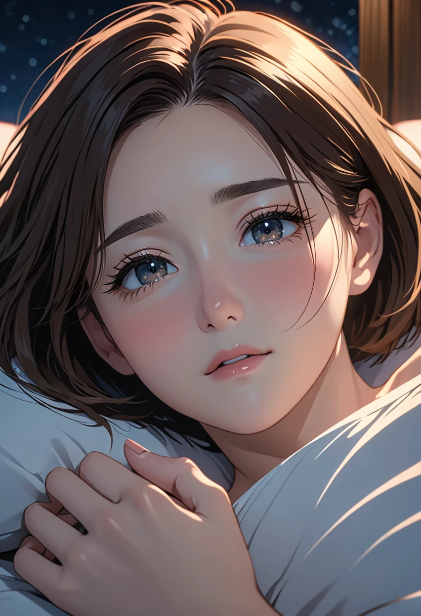 masterpiece, High resolution, illustration, kyoto animation style, Maude Adams is cinematic style, night, midnight, Light, (1 female: 1.3), (alone: 1.4), long eyelashes, short bob, nose blushing, futon, lying down, naked, face close-up, Hide with hands , Hide with hands,
