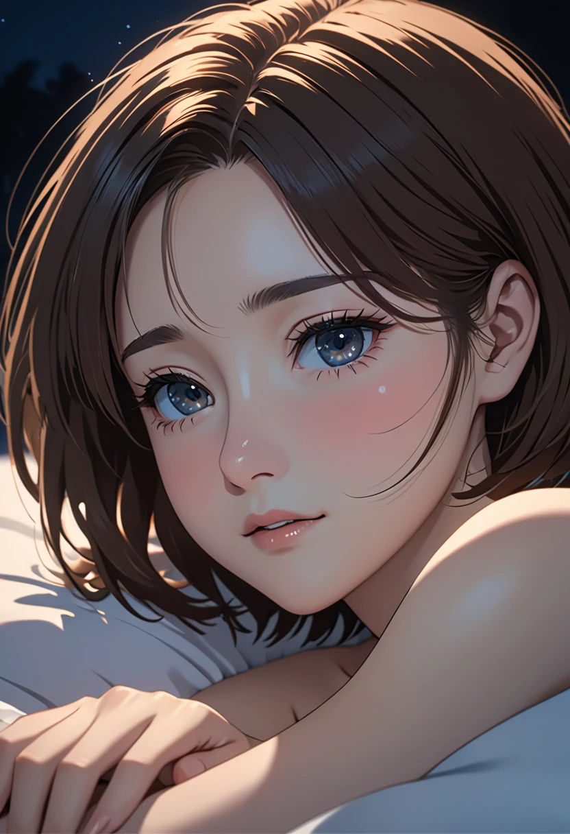 masterpiece, High resolution, illustration, kyoto animation style, Maude Adams is cinematic style, night, midnight, Light, (1 female: 1.3), (alone: 1.4), long eyelashes, short bob, nose blushing, futon, lying down, naked, face close-up, Hide with hands , Hide with hands,