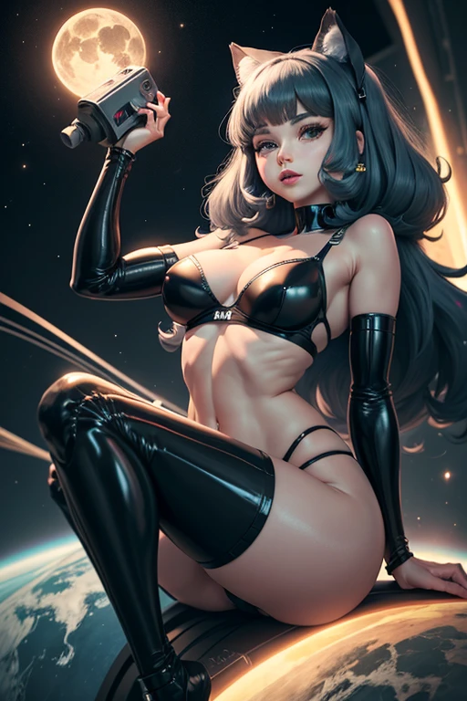 A female robot in the form of a black cat　Tem orelhas de gato e cauda　Mechanical arm　Mechanical Legs　Mechanical fuselage　Espreitando no escuro, nffsw, retinas, mesa, preciso, Anatomicamente Correto, pele texturizada, super detalhe, detalhes altos, alta qualidade, Melhor qualidade, high resolution of panties and bra in space