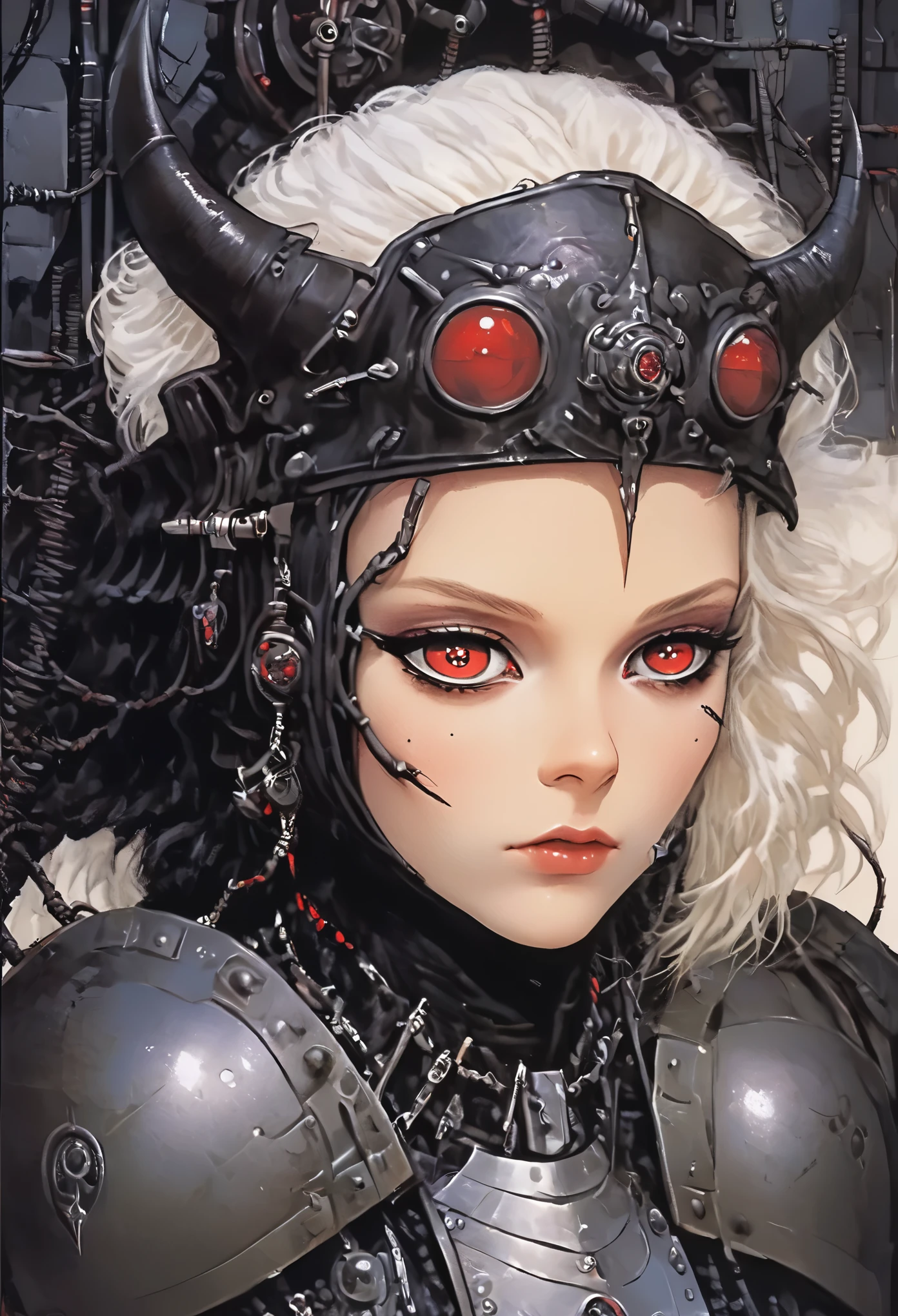 Beautiful young white-haired girl with piercing red eyes, half smile with full lips, black nails, barbed wires everywhere(coiled black barbed wires)