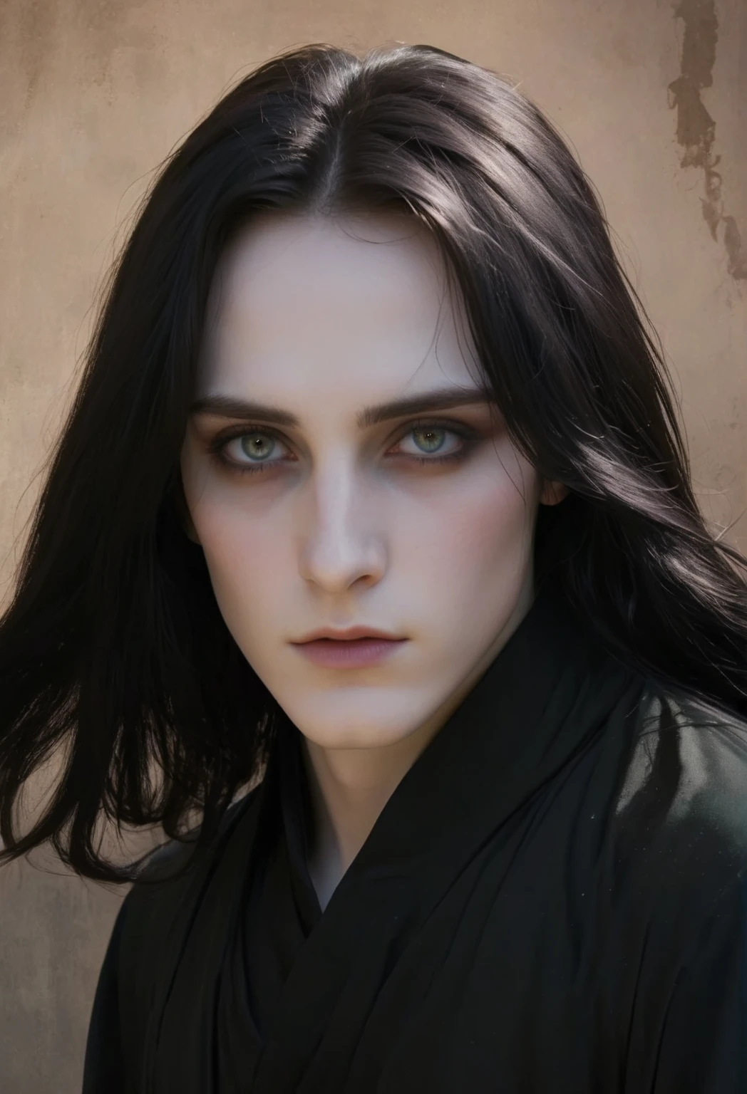 Portrait, black eyes, long black greasy hair, pale complexion, elegant features, roman nose, Young Severus Snape