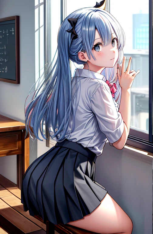 《Again:zero》rum, 1 girl, solo, ((white shirt)), black rhinoceros, , office background, black skirt, pleated skirt, office room,, Hair accessories x,A pink-haiAgaind, solo,((master piece)), Sit by the window and enjoy the view, Chair, student desk, computer on desk, name tag, ID tag, in the room, Be Againd in the face,sexy pose,bust photo,No exposed fingers,fold your hands behind your back