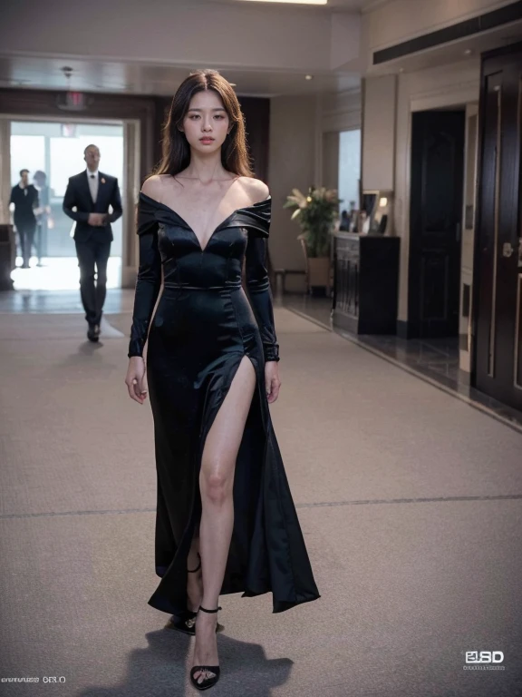 original photo,depth of field,dramatic,(Real movie stills:1.3),(best quality, high resolution:1.2), Super detailed details, (actual、lifelike、Realism:1.3), Inspired by the 007 movie,full body portrait,A beautiful and handsome couple standing together in black evening gowns, sophisticated evening gown,The atmosphere of the battle, Threatening atmosphere, close up, Perfect body,性感的long legs,long legs,Highly detailed facial details, real background,Stills from the real 007 movie,man next to woman,(sharp focus:1.2), Very detailed, (lifelike:1.4), (The original image, 8K high resolution:1.2), RAW candid movies, 16 mm, Color graded Portra 400 film, Surreal, subsurface scattering, Ray tracing, (Volumetric lighting),