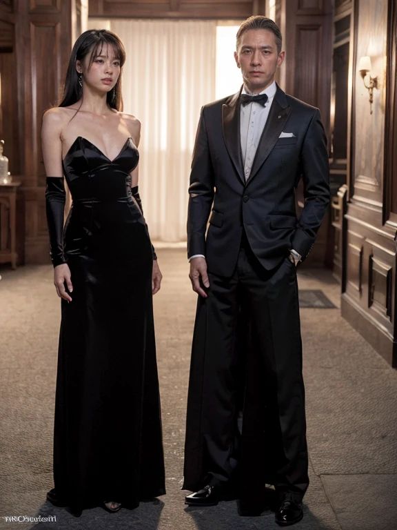 original photo,depth of field,dramatic,(Real movie stills:1.3),(best quality, high resolution:1.2), Super detailed details, (actual、lifelike、Realism:1.3), Inspired by the 007 movie,full body portrait,A beautiful and handsome couple standing together in black evening gowns, sophisticated evening gown,The atmosphere of the battle, Threatening atmosphere, close up, Perfect body,性感的long legs,long legs,Highly detailed facial details, real background,Stills from the real 007 movie,man next to woman,(sharp focus:1.2), Very detailed, (lifelike:1.4), (The original image, 8K high resolution:1.2), RAW candid movies, 16 mm, Color graded Portra 400 film, Surreal, subsurface scattering, Ray tracing, (Volumetric lighting),