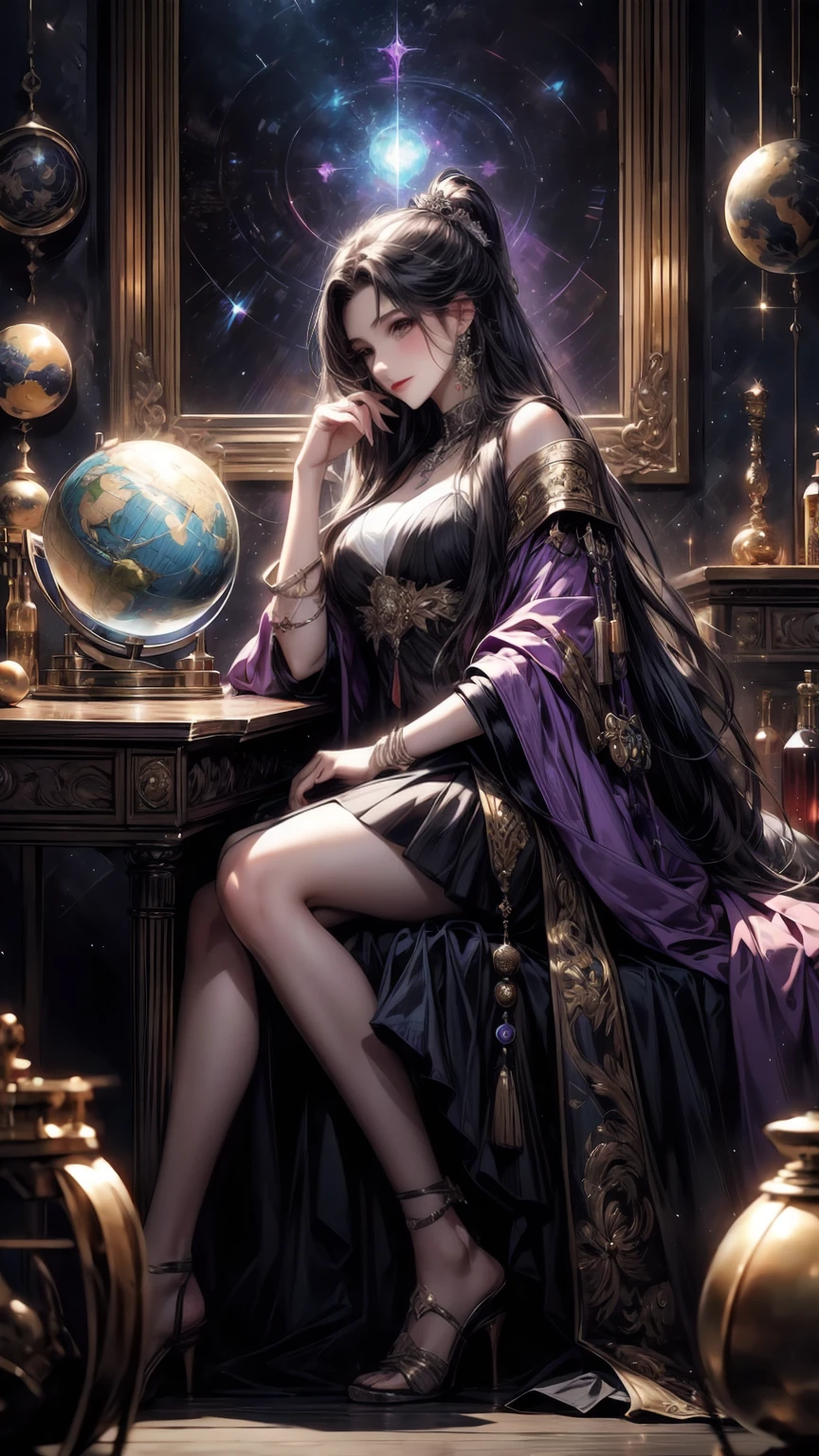 A (Multi-Purple) Cyberpunk Masterpiece, best quality, full body portrait, (Full Body View From An Angle), Dynamic Camera Angle, 1 caucasian beautiful lady, alchemist casting a spell, a very noble lady, ringed silver eyes, Calm, half closed eyes, thin body, slim waist, small breasts, (bare legs), Awesome Black Hair, a confident smile, Celestial Star Map, (experiment desk crowded by many alchemy instruments, medicines, reagents, specimen, bottles, scrolls), piles of expensive books, (antique terrestrial globe), (floating celestial globe), old compass, old clock, antiques, quill pen, a pair of scales, highly detailed expensive wizard's skirt, beautiful skirt with frills, dramatic, backlighting, night, midnight, (Multitude Of Stars), beautiful fantastic night view, (ultra-detailed, finely detailed beautiful eyes and face), high resolution, 8k UHD, perfect anatomy, perfect fingers, Highly detailed scenery, Highly detailed background, perspective, depth of field, atmospheric