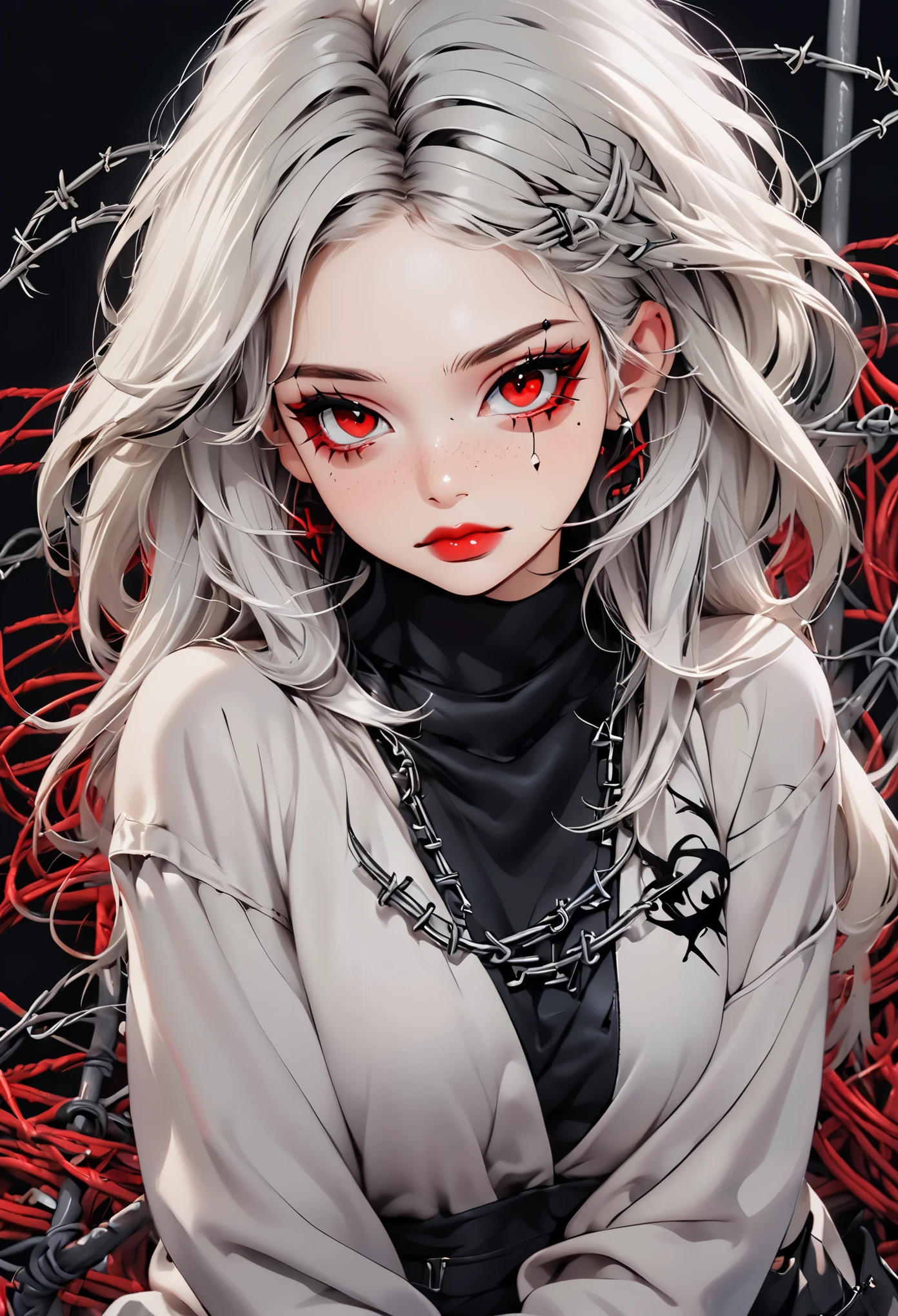 Beautiful young white-haired girl with piercing red eyes, half smile with full lips, black nails, barbed wires everywhere(coiled black barbed wires)