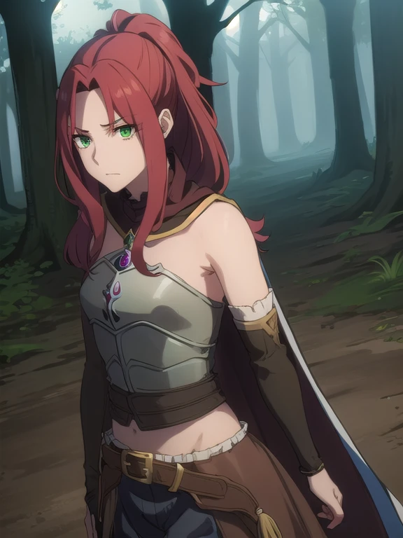 maltymelromarc, malty melromarc, long hair, (green eyes:1.3), red hair, (parted bangs:1.5), ponytail, afraid, fearful,,
BREAK bare shoulders, belt, cape, armor, breastplate,
BREAK outdoors, forest, mist,
BREAK looking at viewer, (cowboy shot:1.5),bakgrownd zodd stalk betwen trees
BREAK (masterpiece:1.2), best quality, high resolution, unity 8k wallpaper, (illustration:0.8), (beautiful detailed eyes:1.6), extremely detailed face, dark lighting, extremely detailed CG, (perfect hands, perfect anatomy),