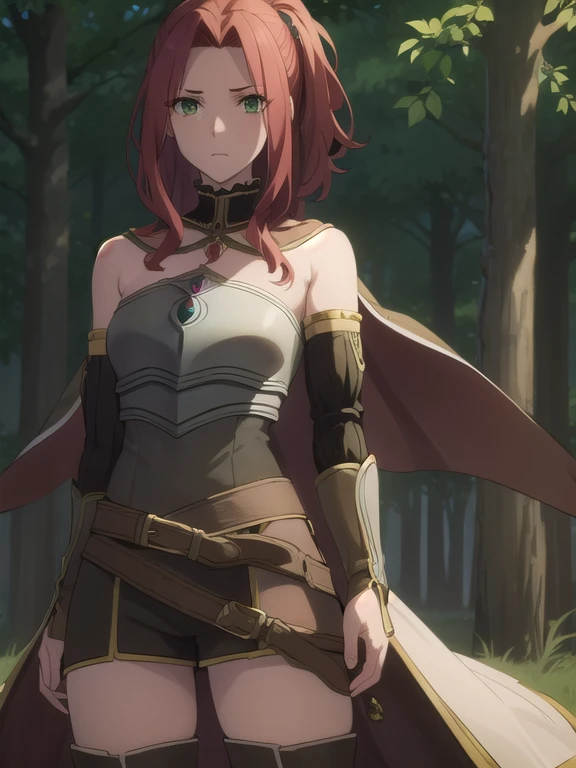 maltymelromarc, malty melromarc, long hair, (green eyes:1.3), red hair, (parted bangs:1.5), ponytail, afraid, fearful,,
BREAK bare shoulders, belt, cape, armor, breastplate,
BREAK outdoors, forest, mist,
BREAK looking at viewer, (cowboy shot:1.5),bakgrownd zodd stalk betwen trees
BREAK (masterpiece:1.2), best quality, high resolution, unity 8k wallpaper, (illustration:0.8), (beautiful detailed eyes:1.6), extremely detailed face, dark lighting, extremely detailed CG, (perfect hands, perfect anatomy),