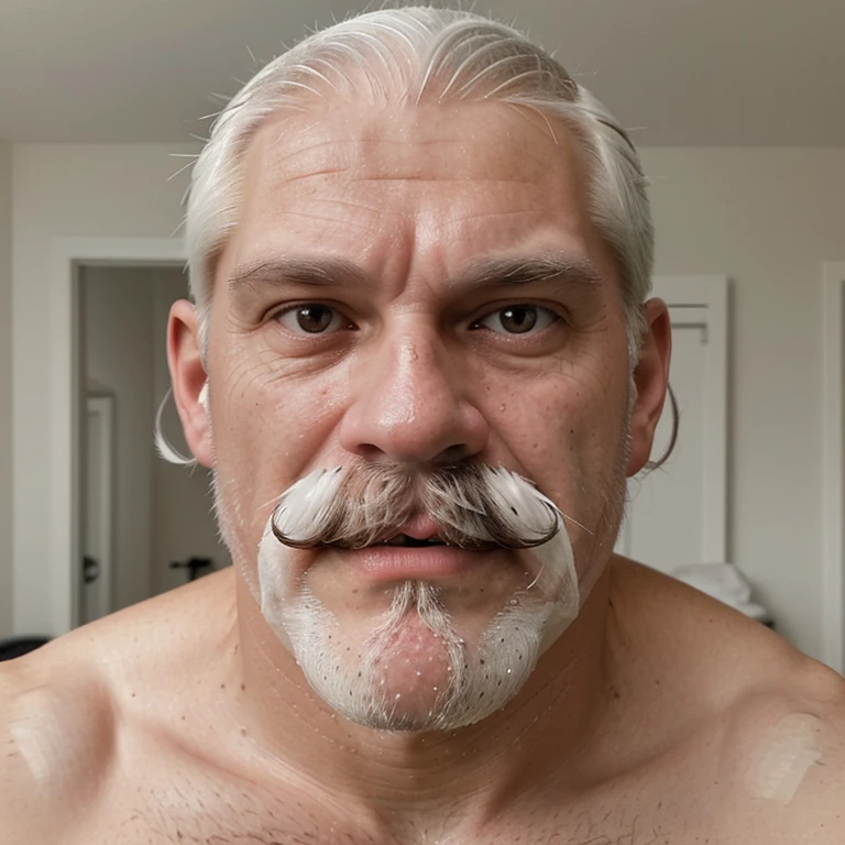 I need a realistic photo of a man specialized in sports massage aged close to 60 with thinning white hair, a thin white beard, a pointed goatee and a long, curled mustache