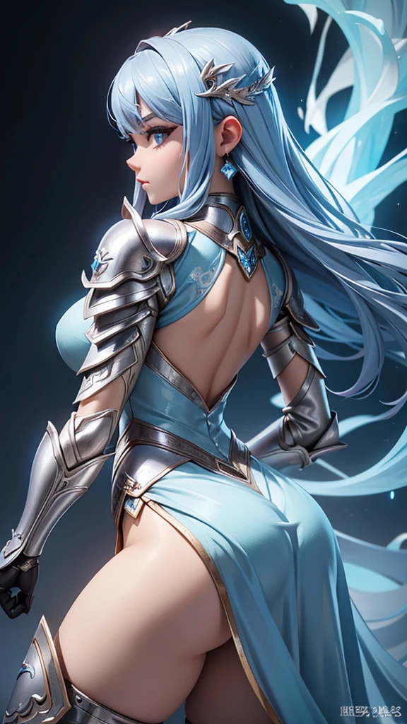 a close up of a woman in a silver and blue dress, chengwei pan on artstation, by Yang J, detailed fantasy art, stunning character art, fanart best artstation, epic exquisite character art, beautiful armor, extremely detailed artgerm, detailed digital anime art, artgerm on artstation pixiv, armor girl, back turned