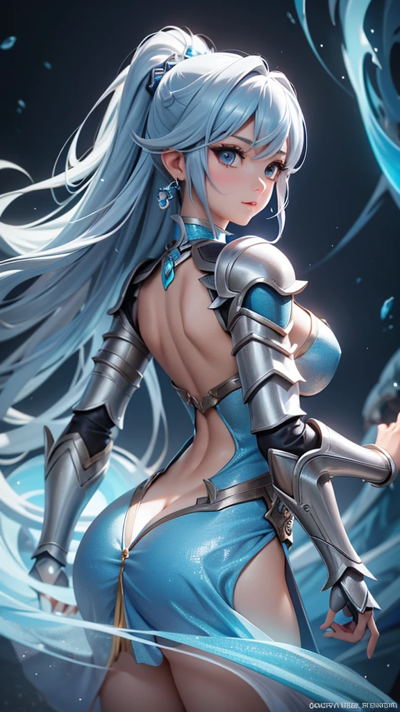 a close up of a woman in a silver and blue dress, chengwei pan on artstation, by Yang J, detailed fantasy art, stunning character art, fanart best artstation, epic exquisite character art, beautiful armor, extremely detailed artgerm, detailed digital anime art, artgerm on artstation pixiv, armor girl, back turned