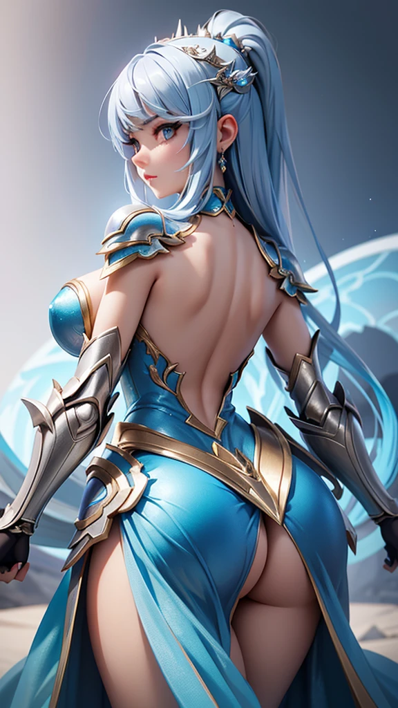 a close up of a woman in a silver and blue dress, chengwei pan on artstation, by Yang J, detailed fantasy art, stunning character art, fanart best artstation, epic exquisite character art, beautiful armor, extremely detailed artgerm, detailed digital anime art, artgerm on artstation pixiv, armor girl, back turned
