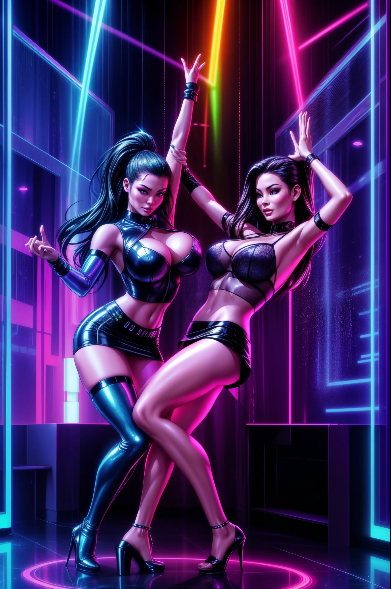young Carmen Electra and Lucy Liu dancing in a nightclub, hologram miniskirt, see-through clothes, holopunk, digital projections, neon vibrancy, transparent interfaces, cyber clubbing, dancing girls