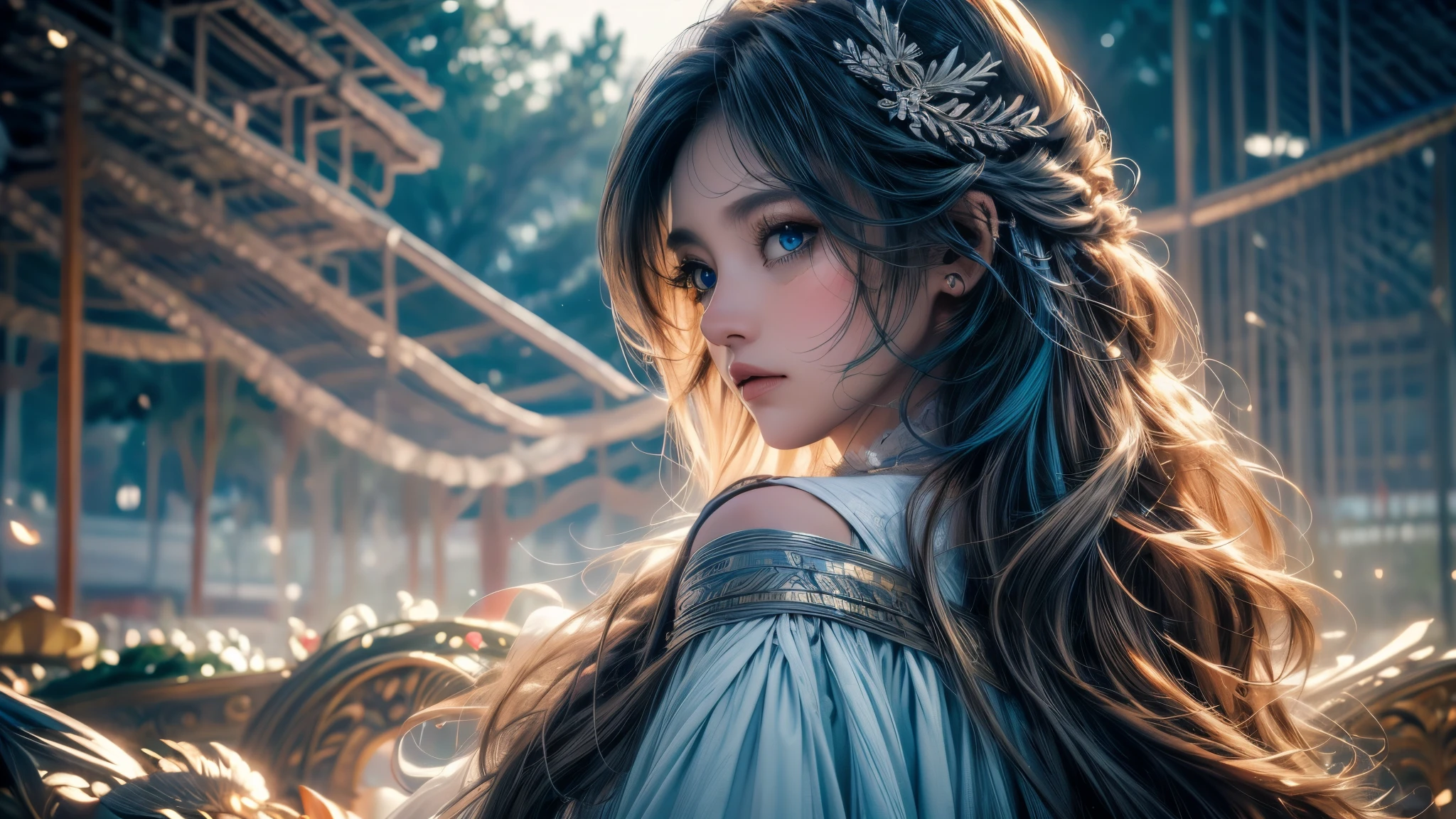 calidad 4K:1.2,super beautiful illustration:1.2,Seraph,((6 alas blancas en la espalda)),rubio,estilos de pelo largo,((hermosos ojos azul cobalto:1.2)),cielo