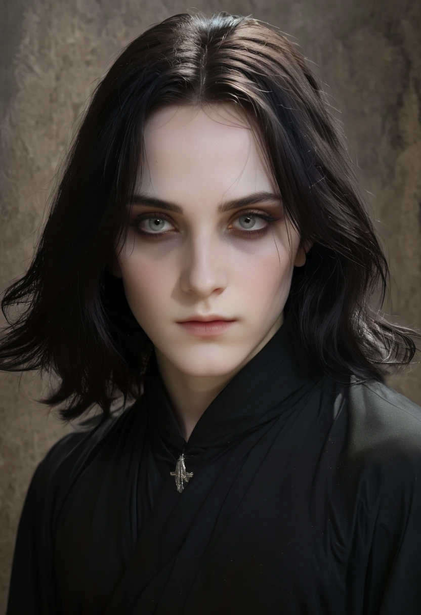 Portrait, black eyes, long black greasy hair, pale complexion, elegant features, roman nose, Young Severus Snape