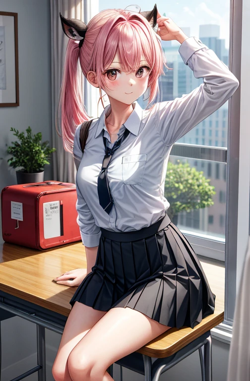 ichikanakano, ichika nakano, Short hair, Bangs, Blue eyes, hair between eye, Pink hair,
BREAK skirt, Shirt, School uniform, White shirt, Short sleeves, Pleated skirt, shoes, sox, Collared shirt, Black footwear, Sweaters, White socks, Green skirt, lowfers, clothes around waist,
Break indoors, crass room,
BREAK looking at viewer, BREAK (masutepiece:1.2), Best Quality, High resolution, Unity 8k壁纸, (Illustration:0.8), (Beautiful detailed eyes:1.6), extra detailed face, Perfect Lighting, extremely details CG, (Perfect hands, Perfect Anatomy),