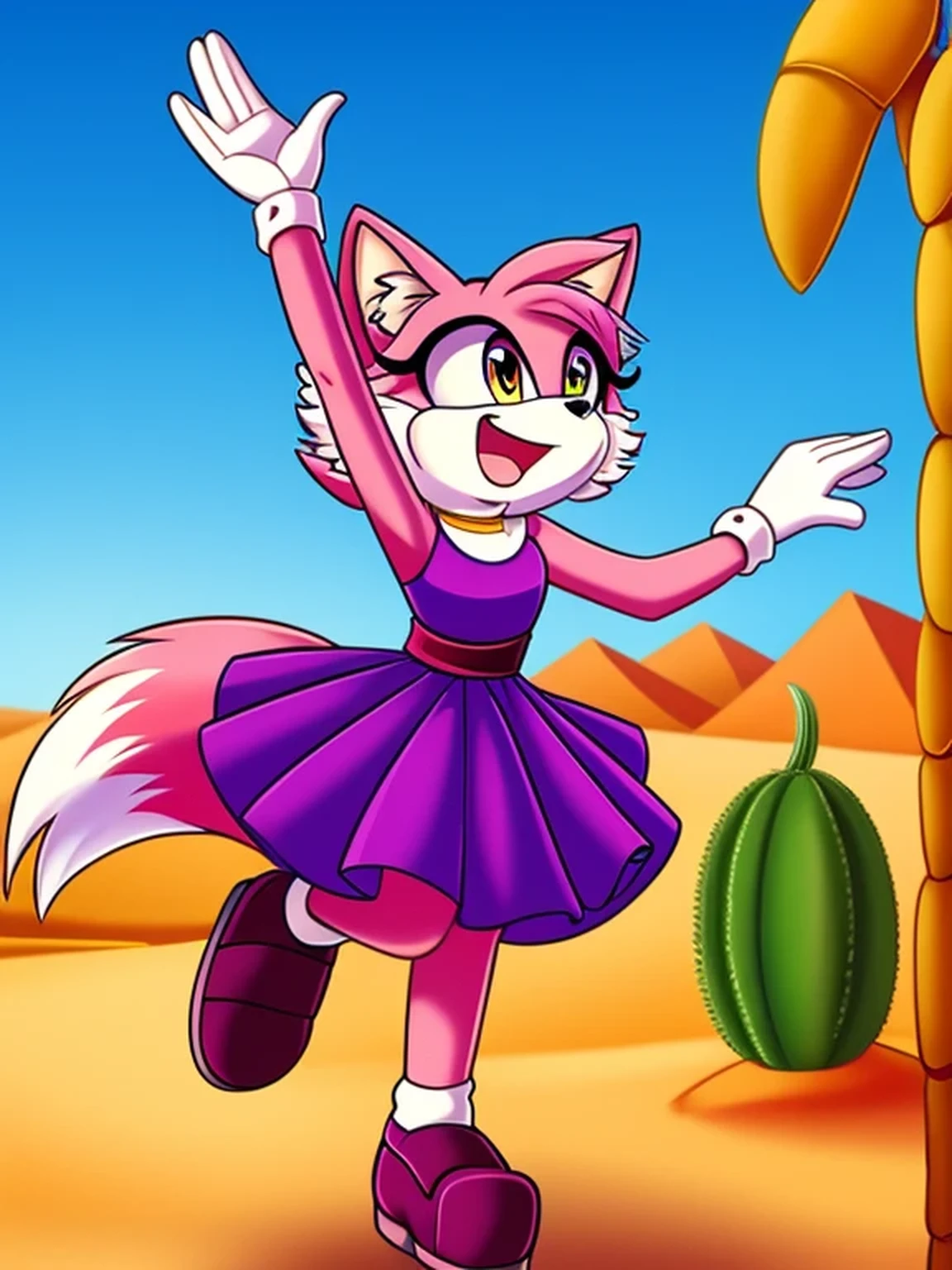 Mobian fox, pink fur, purple dress, highly detailed, in the desert, desert mountains, jumping for joy
