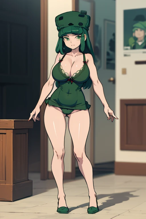 obra de arte, Melhor qualidade 8k, uma mulher de 18 anos , fundo branco, fundo simples slim3, pele verde, Garota gosmenta, green hat, vestido verde, Wariza, olhando para o espectador, confuso, Full body big breasts standing in panties and bra