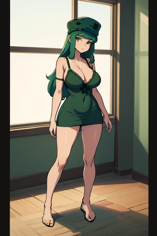 obra de arte, Melhor qualidade 8k, uma mulher de 18 anos , fundo branco, fundo simples slim3, pele verde, Garota gosmenta, green hat, vestido verde, Wariza, olhando para o espectador, confuso, Full body big breasts standing in panties and bra