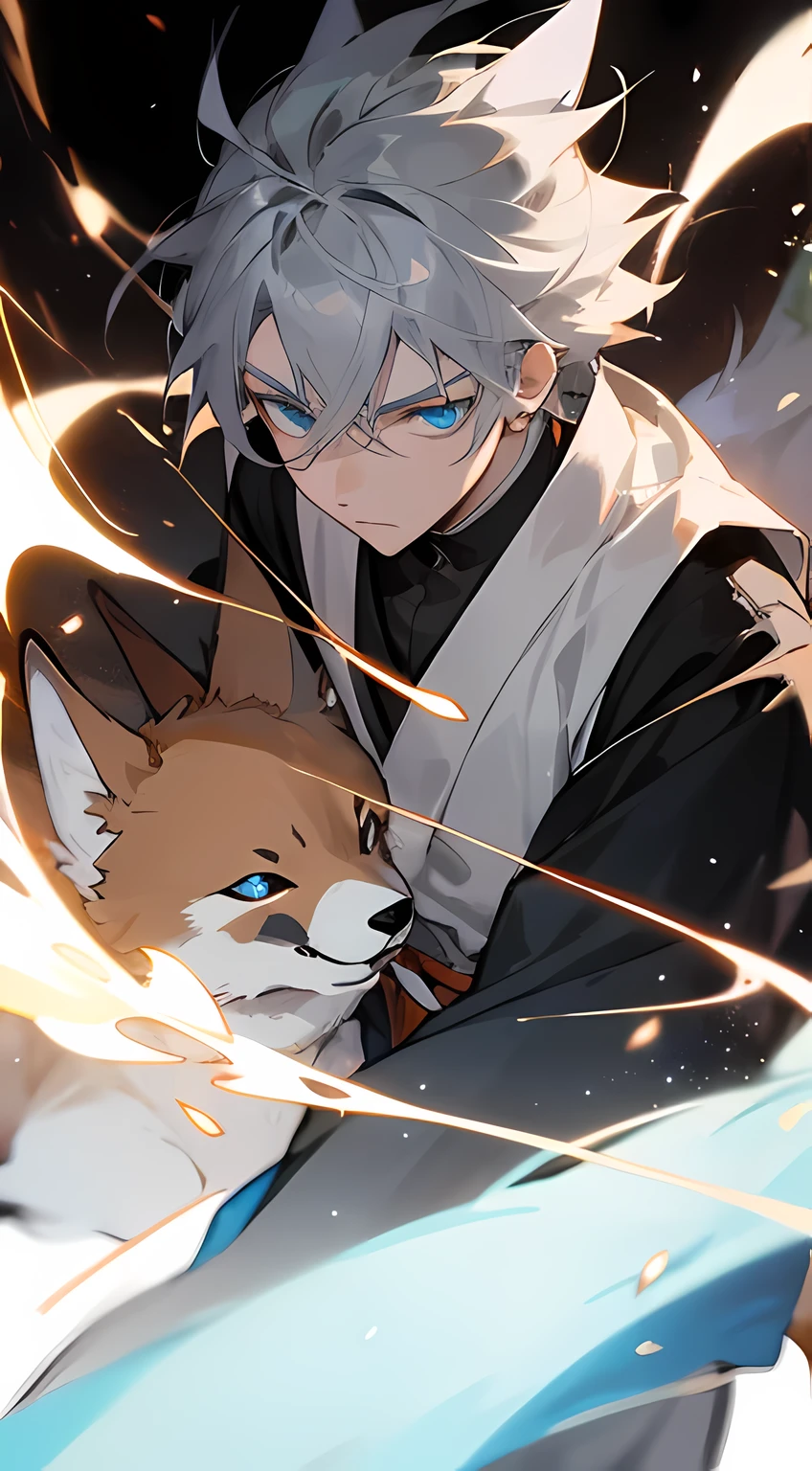 In the world of magic and miracles, wandering blue-eyed gray-haired boy and his sacred fox spirit, their dynamic backgrounds and lighting add to the mystery of their journey.