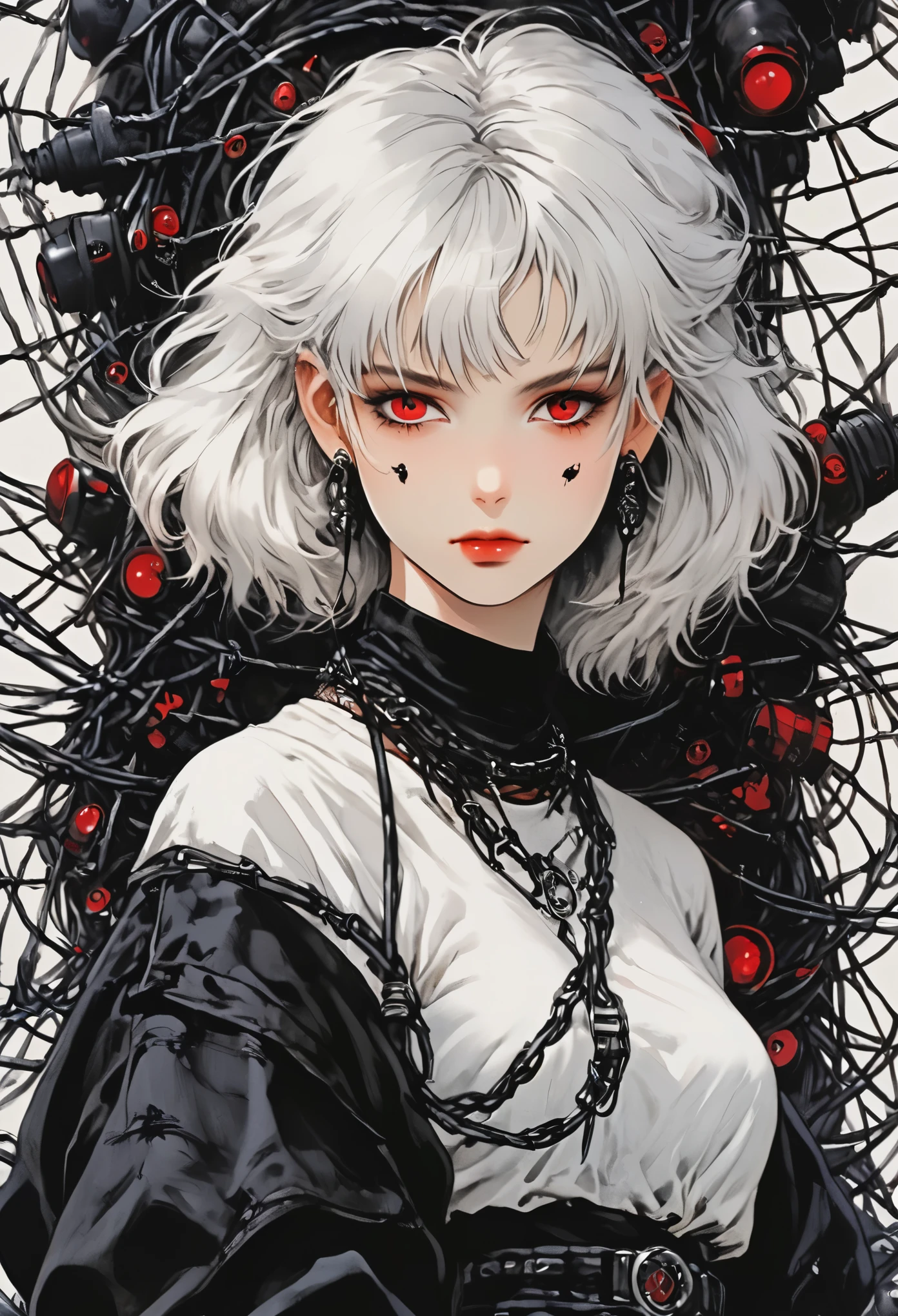 Beautiful young white-haired girl with piercing red eyes, half smile with full lips, black nails, barbed wires everywhere(coiled black barbed wires)