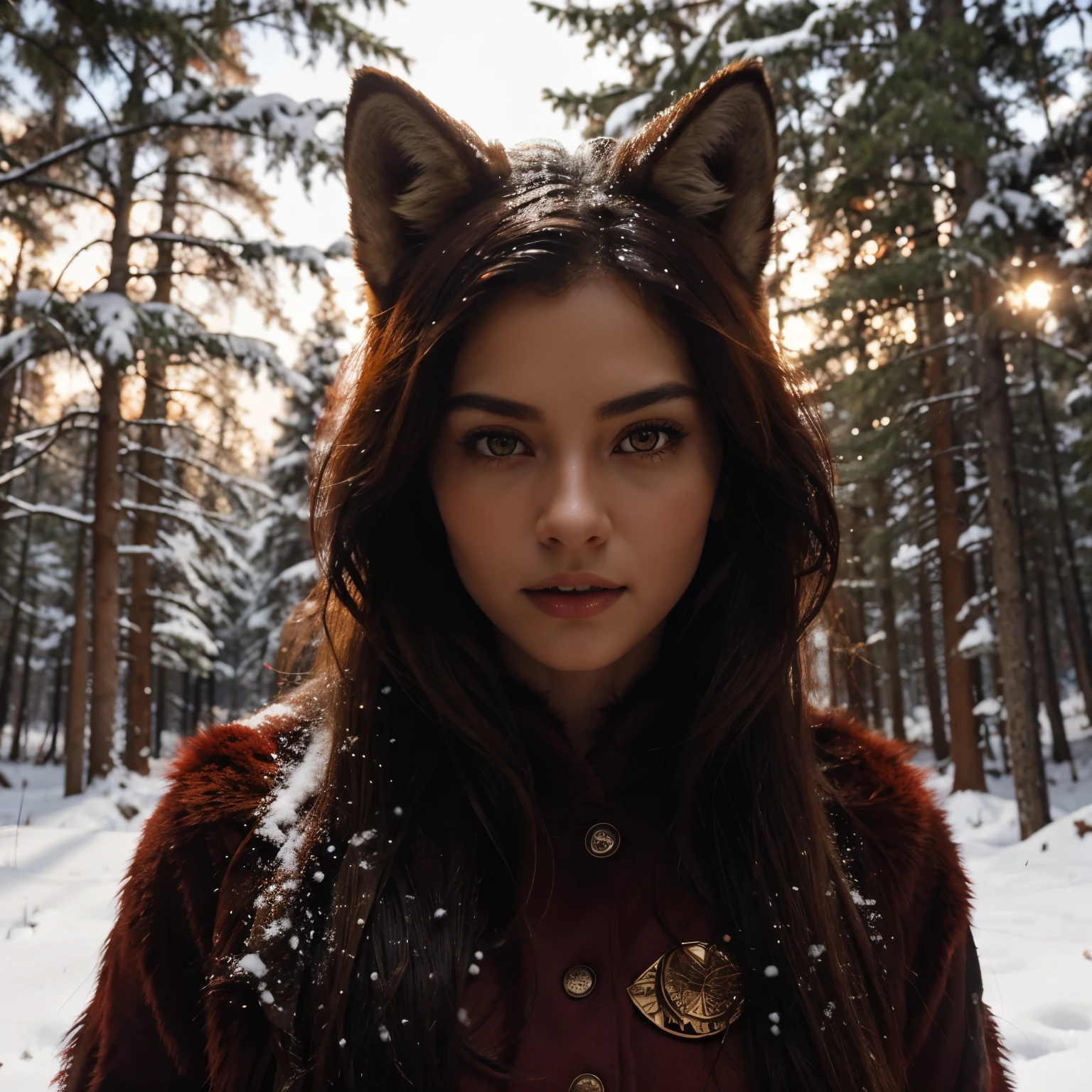 A wolf with vibrant red fur, intense amber eyes, and sharp teeth standing majestically in a snowy forest. The wolf's fur is incredibly detailed, with realistic textures and a glossy finish. The forest is filled with tall, snow-covered pine trees, creating a serene and peaceful atmosphere. The lighting is soft and diffused, casting a warm glow over the scene. The image quality is top-notch, with ultra-detailed features and a high-resolution rendering. The color palette is dominated by shades of red, creating a striking and dramatic visual impact. The overall style of the artwork is a combination of realism and fantasy, blending the raw beauty of nature with a touch of mystique.