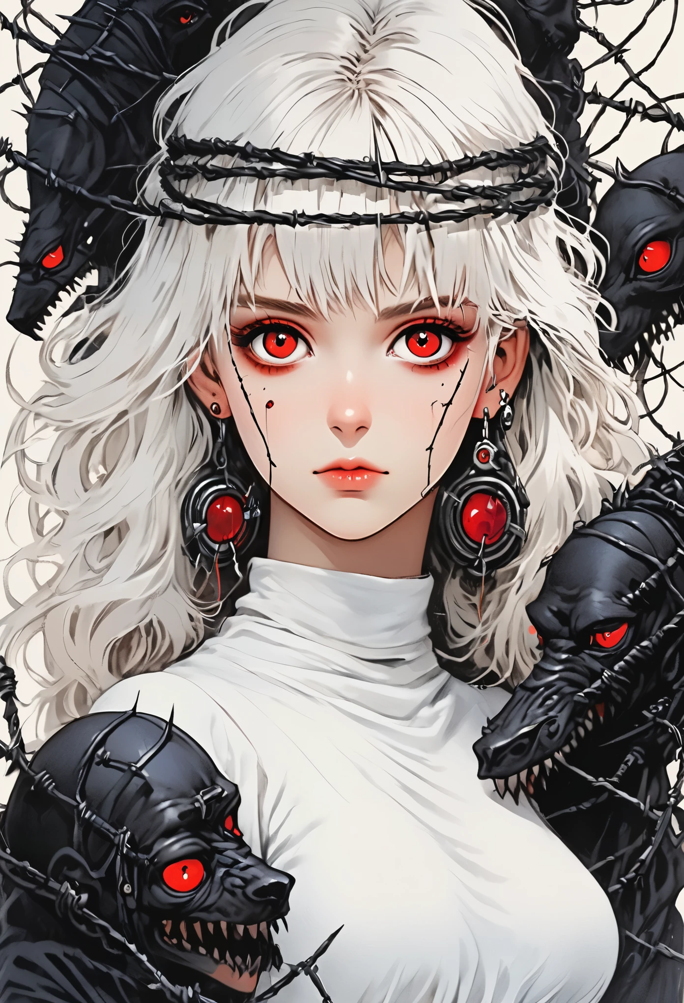 Beautiful young white-haired girl with piercing red eyes, half smile with full lips, black nails, barbed wires everywhere(coiled black barbed wires)