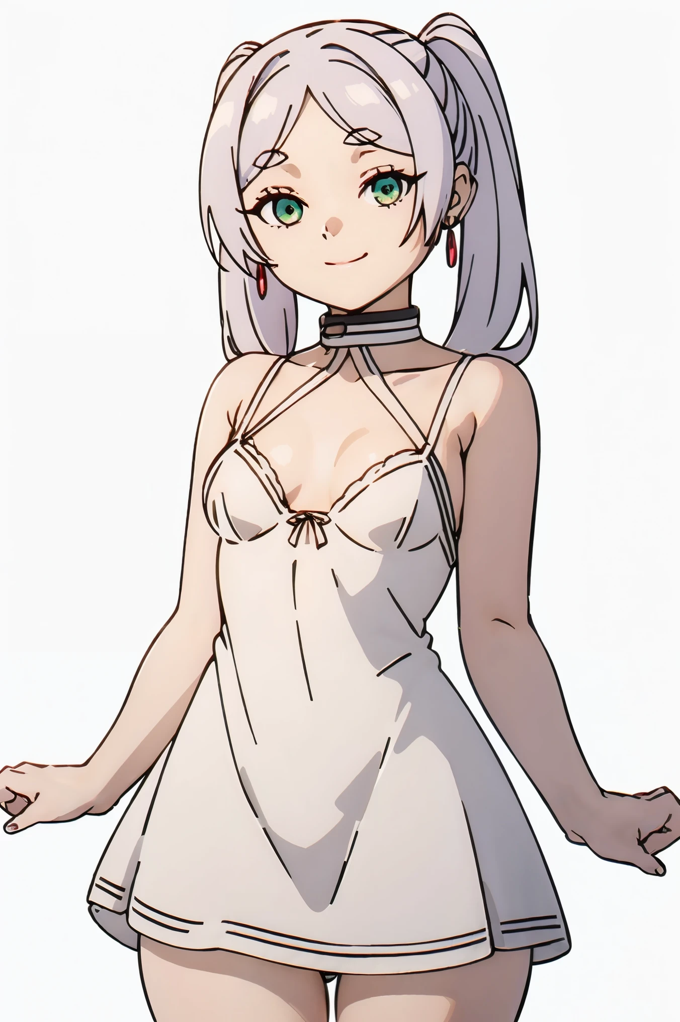 (Best Quality, Masterpiece),sexy,  erotic, 1girl, 18 years old, Contempt, pride, silver hair, 2 ponytails, ((white lingerie dress)), white panties, (((small breasts))), white background, ((cowboy shot)), ((proud smile)), looking at viewer, (green eyes), ((thick thighs))