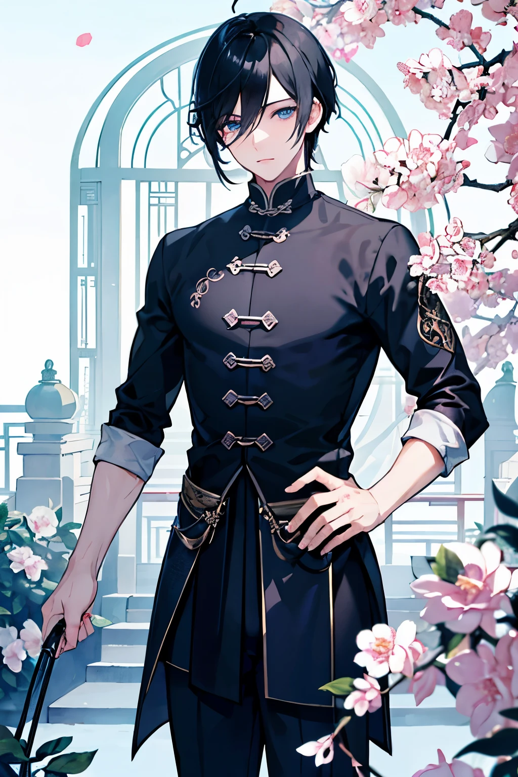 male black hair blue eyes pants cutter boots Chinese style greenhouse birdcage Spring flower masterpiece Highest image quality noise removal clear parts cinematic shadow Increases the attractiveness of the eyes clear parts the shine of the eyes draw eyelashes neatly perfect eyes detailed eyes sharpen image quality sharpen eye writing clear parts eye shape