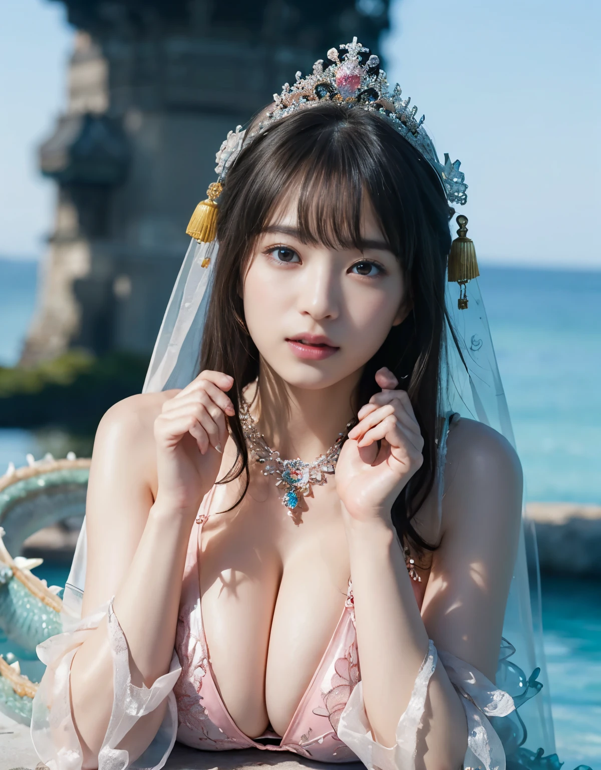 (very heavy chest)、highest quality、masterpiece、ultra high resolution、(ice dragon armor)、(((Metal製))),(((big breasts)))、(((Pink micro bikini with exposed details))),(she wears a beautiful crown made of precious stones.),(Photoreal:1.4)、Raw photo、1 girl、(((random hair))、(((color々take a pose)))、glowing skin、(((ice ice chinese dragon)))、intricate and gorgeous hair ornaments、(Looks like a gorgeous jewelry necklace)、(someone who looks at you calmly, Eyes like a goddess.)happiness:1.2).((beautiful sea background))、cliff、(ruins background)、((Super realistic details))、portrait、global illumination、(sexy pose)、Shadow、octane rendering、16k、big breasts、Raw skin exposed in the cleavage、Metal、intricate decorative details、Japan details、very intricate details、realistic light、CG Society Trenlow Eyes、Eyes shining towards the camera、(veil)、(((heavy big))),Shining eyes shine、armpit、24k,