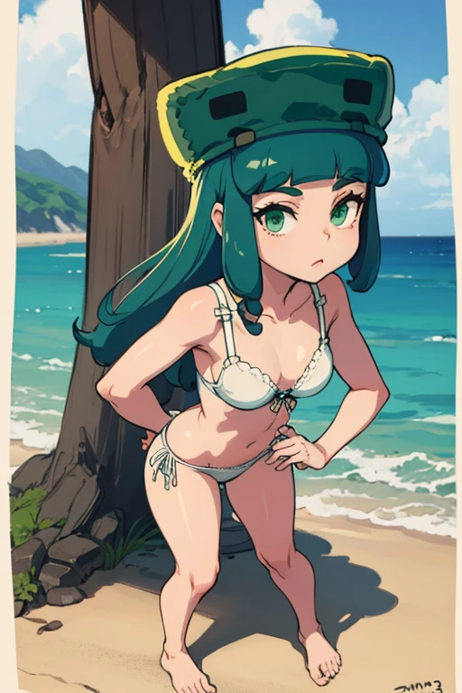 obra de arte, Melhor qualidade 8k, uma mulher de 18 anos , fundo branco, fundo simples slim3, pele verde, Garota gosmenta, green hat, vestido verde, Wariza, olhando para o espectador, confuso, Seios grandes, Full body standing, wearing panties and bra, na praia caminhando 😏