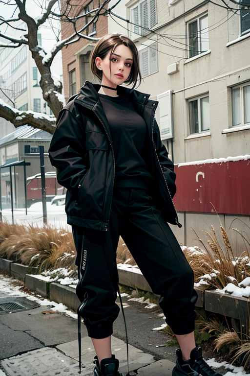 Araffed woman in a black jacket and trousers stands on a snowy sidewalk, photo of a woman in techwear style, total black Одежда, wear black modern clothes, dark minimal Одежда, wear urban technical clothes, black vest, (Brown eyes), (wheat short hair), ((manga style))
