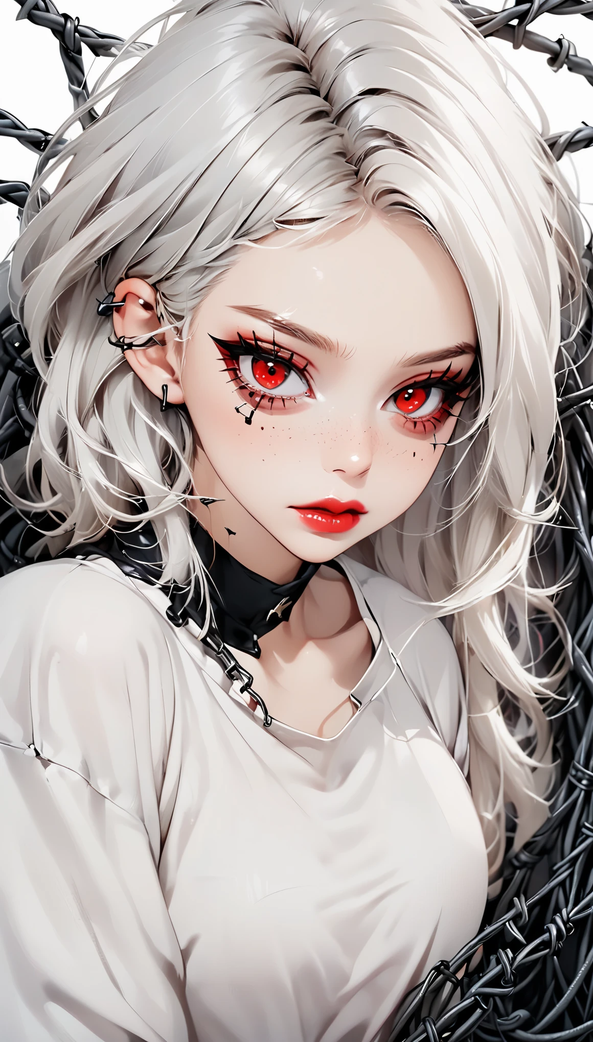 Beautiful young white-haired girl with piercing red eyes, half smile with full lips, black nails, barbed wires everywhere(coiled black barbed wires)