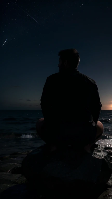Siluet, midnight, pitch black, a fat boy sitting on rock look at the big shiny fullmoon, many stars on sky, blue Ocean, from behind, from far