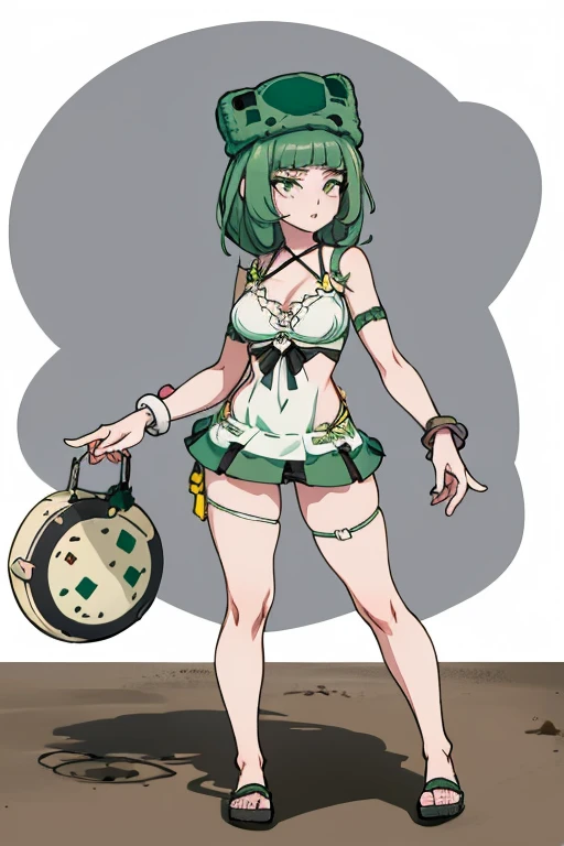 obra de arte, Melhor qualidade 8k, uma mulher de 18 anos , fundo branco, fundo simples slim3, pele verde, Garota gosmenta, green hat, vestido verde, Wariza, olhando para o espectador, confuso, Seios grandes, Full body standing, wearing panties and bra, na praia caminhando 😏